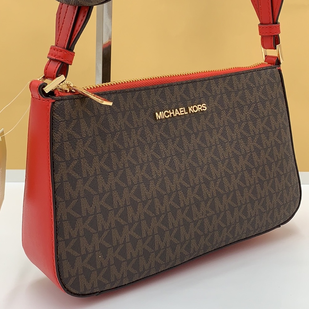Michael Kors Jet Set Travel Small Crossbody w Tech Attch Flame/Brown signature - Picture 5 of 16